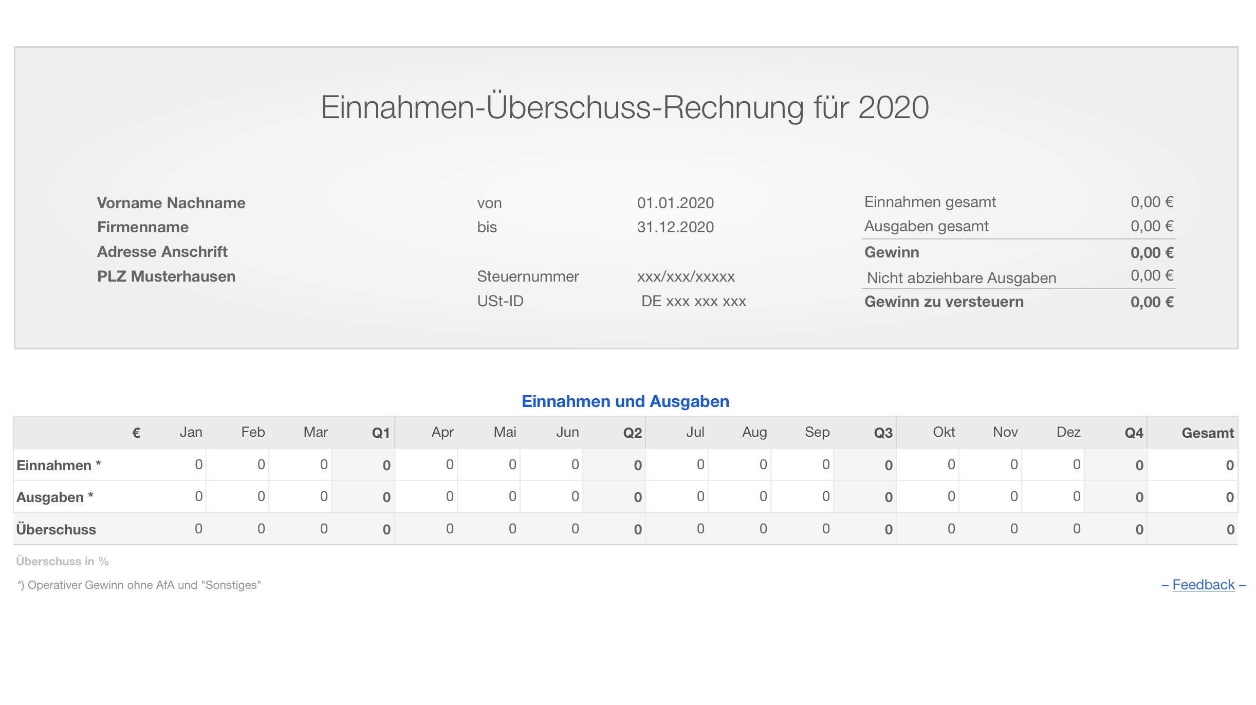 Numbers Vorlage Einnahmen-Überschuss-Rechnung 2020 ohne ...