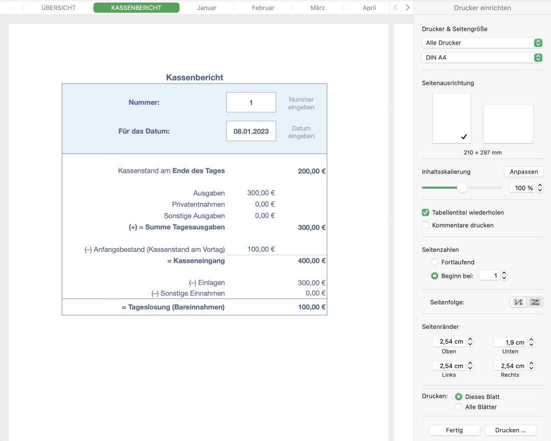 Numbers Vorlage Kassenbuch ohne USt 2023 Kassenbericht ausdrucken