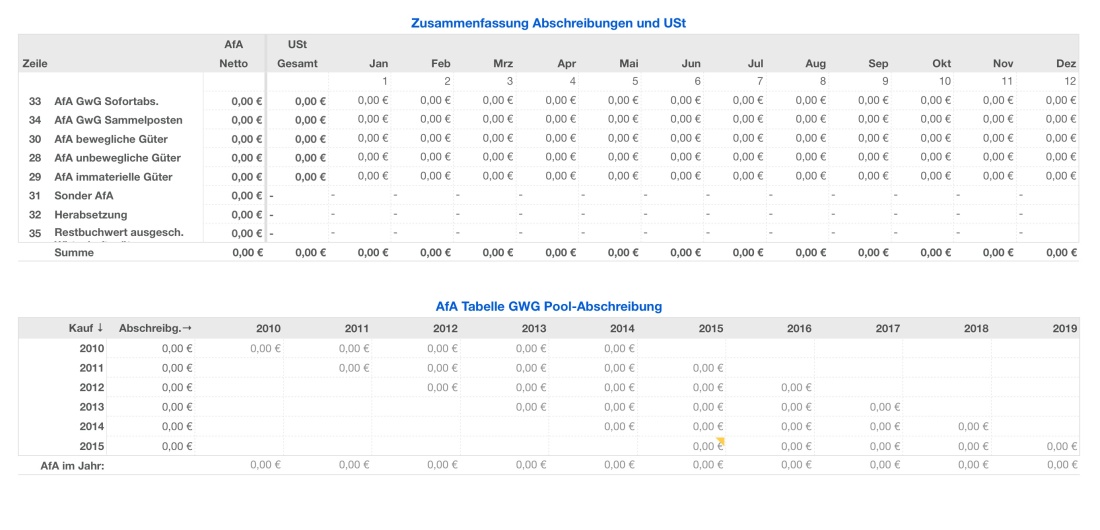 Vorlage Einnahmen-Überschuss-Rechnung 2015 für Mac und iPad Abschreibungen Liste