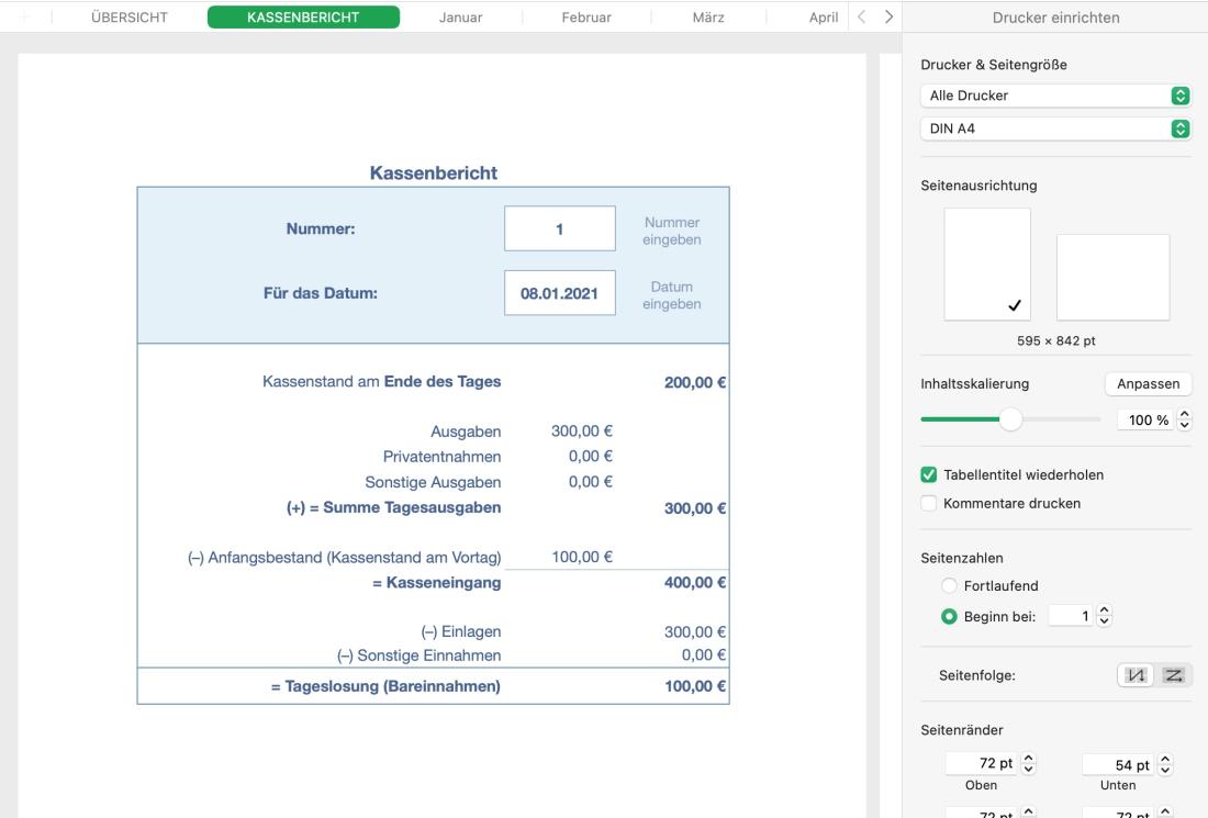 Numbers Vorlage Kassenbuch Druckansicht