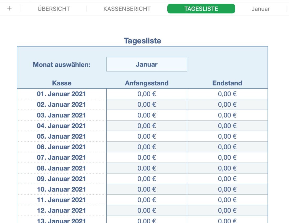 Numbers Vorlage Kassenbuch Tagesliste darstellen