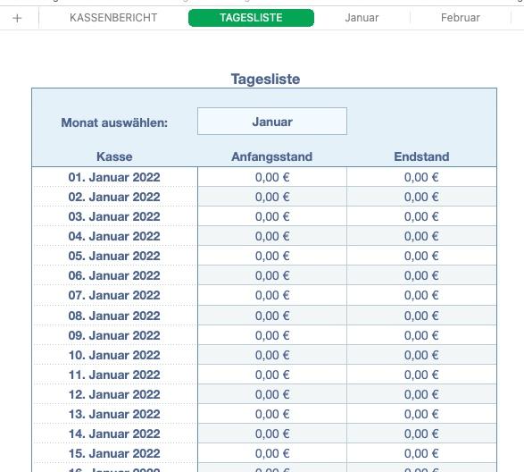 Numbers Vorlage Kassenbuch Tagesliste darstellen