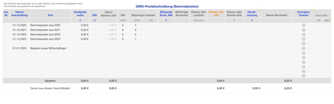 Vorlage Einnahmen-Überschuss-Rechnung 2024 für Mac und iPad GWG Sammelposten