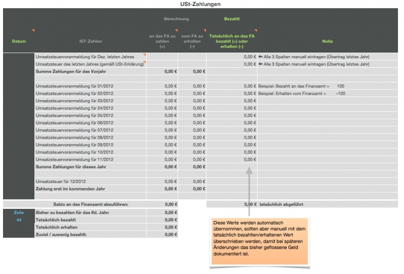 Numbers Vorlage Einnahmen-Überschuss-Rechnung 2012 mit USt Umsatzsteuer