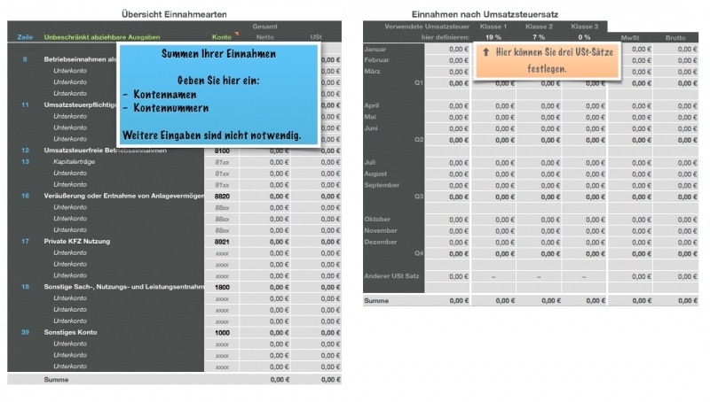 Numbers Vorlage Einnahmen-Überschuss-Rechnung 2012 mit USt Übersicht Einnahmen