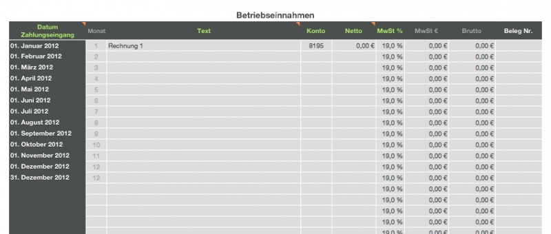 Numbers Vorlage Einnahmen-Überschuss-Rechnung 2012 mit USt Einnahmen