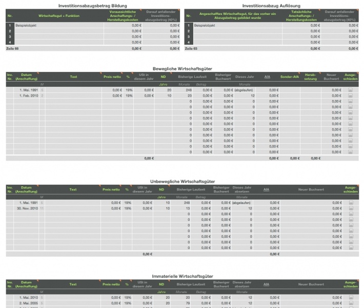 Numbers Vorlage Einnahmen-Überschuss-Rechnung 2012 mit USt Wirtschaftsgüter