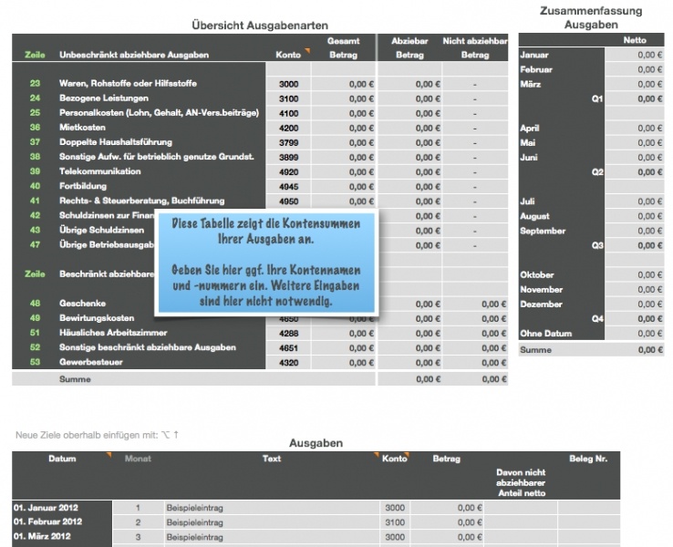 Numbers Vorlage Einnahmen-Überschuss-Rechnung 2012 ohne USt Ausgaben