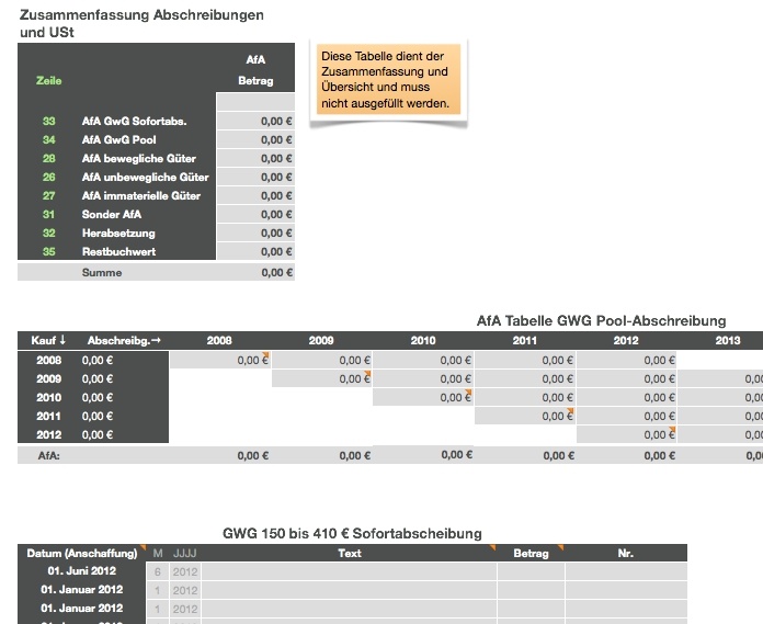 Numbers Vorlage Einnahmen-Überschuss-Rechnung 2012 ohne USt AfA