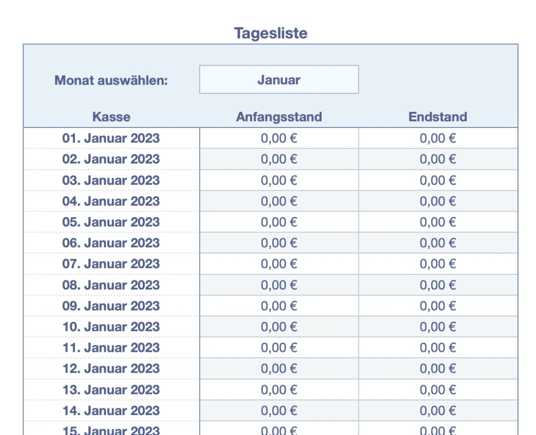 Numbers Vorlage Kassenbuch mit USt 2023 Tagesliste erstellen