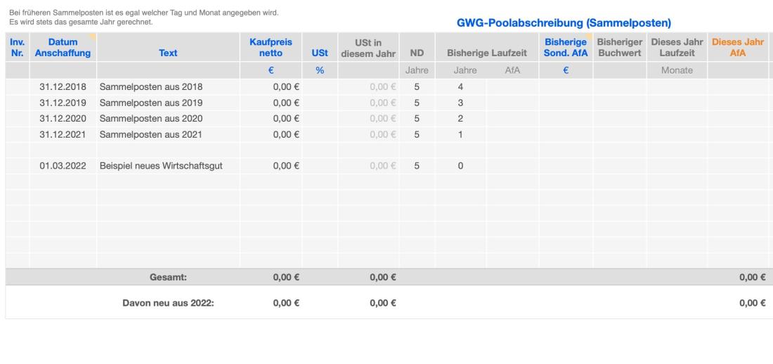 Einnahmen-Überschuss-Rechnung 2022 mit USt AfA Sammelposten