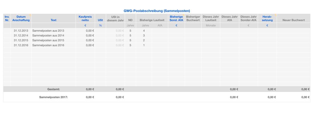 Vorlage Einnahmen-Überschuss-Rechnung 2017 für Mac und iPad AfA Sammelposten