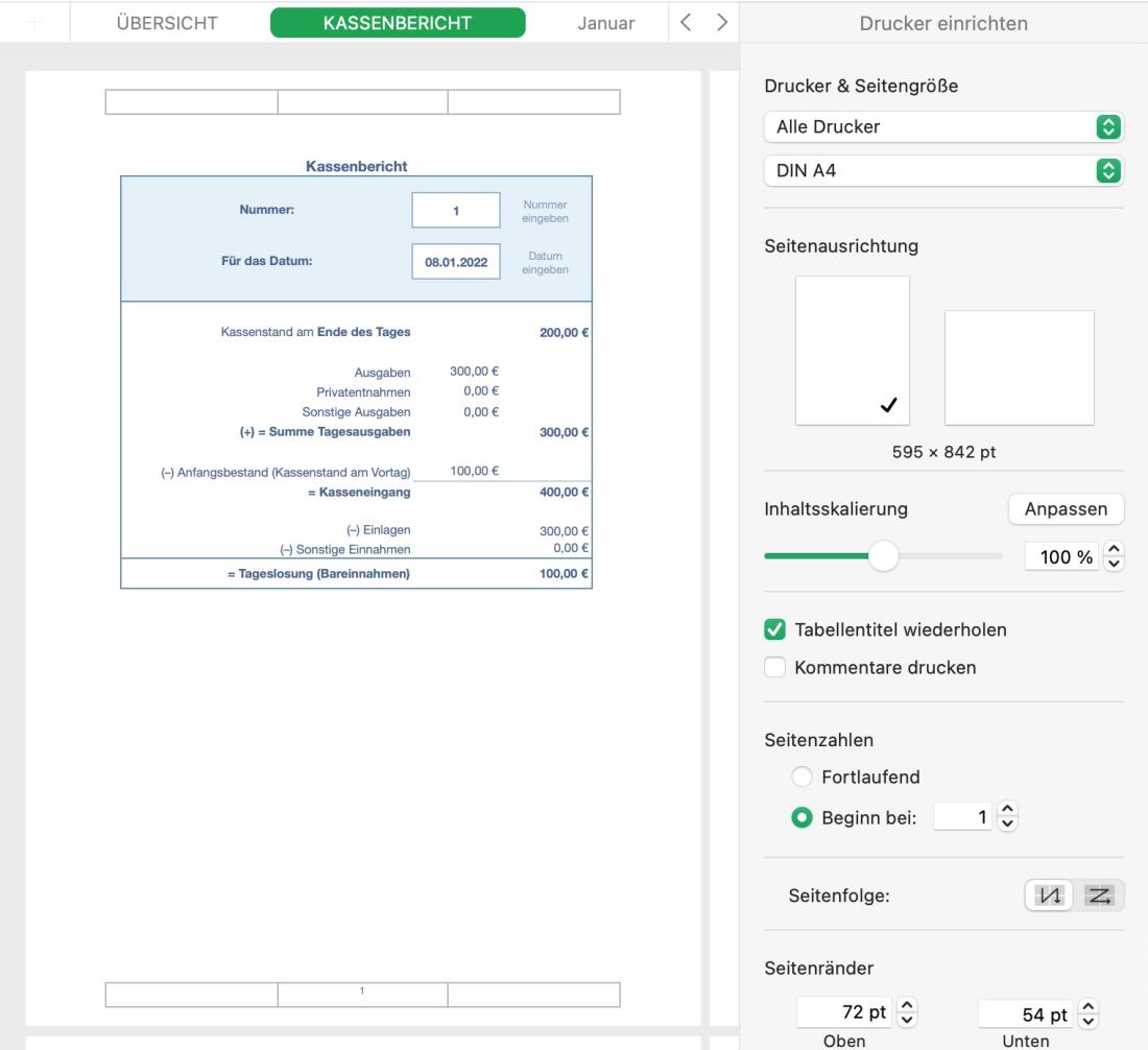 Numbers Vorlage Kassenbuch mit USt Druckansicht Kassenbericht