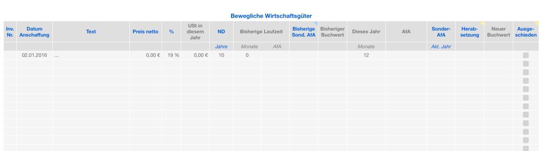 Vorlage Einnahmen-Überschuss-Rechnung 2016 für Mac und iPad Abschreibungen Liste Bewegliche Wirtschaftsgüter