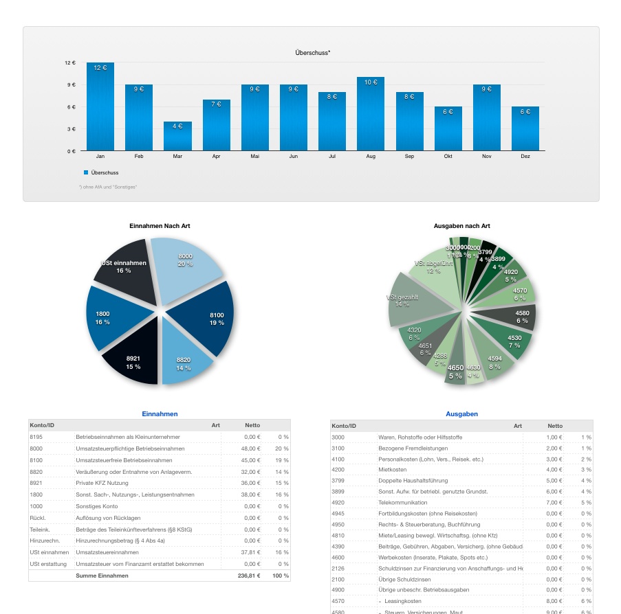 Vorlage Einnahmen-Überschuss-Rechnung 2015 ohne USt für Mac und iPad Auswertung Grafik