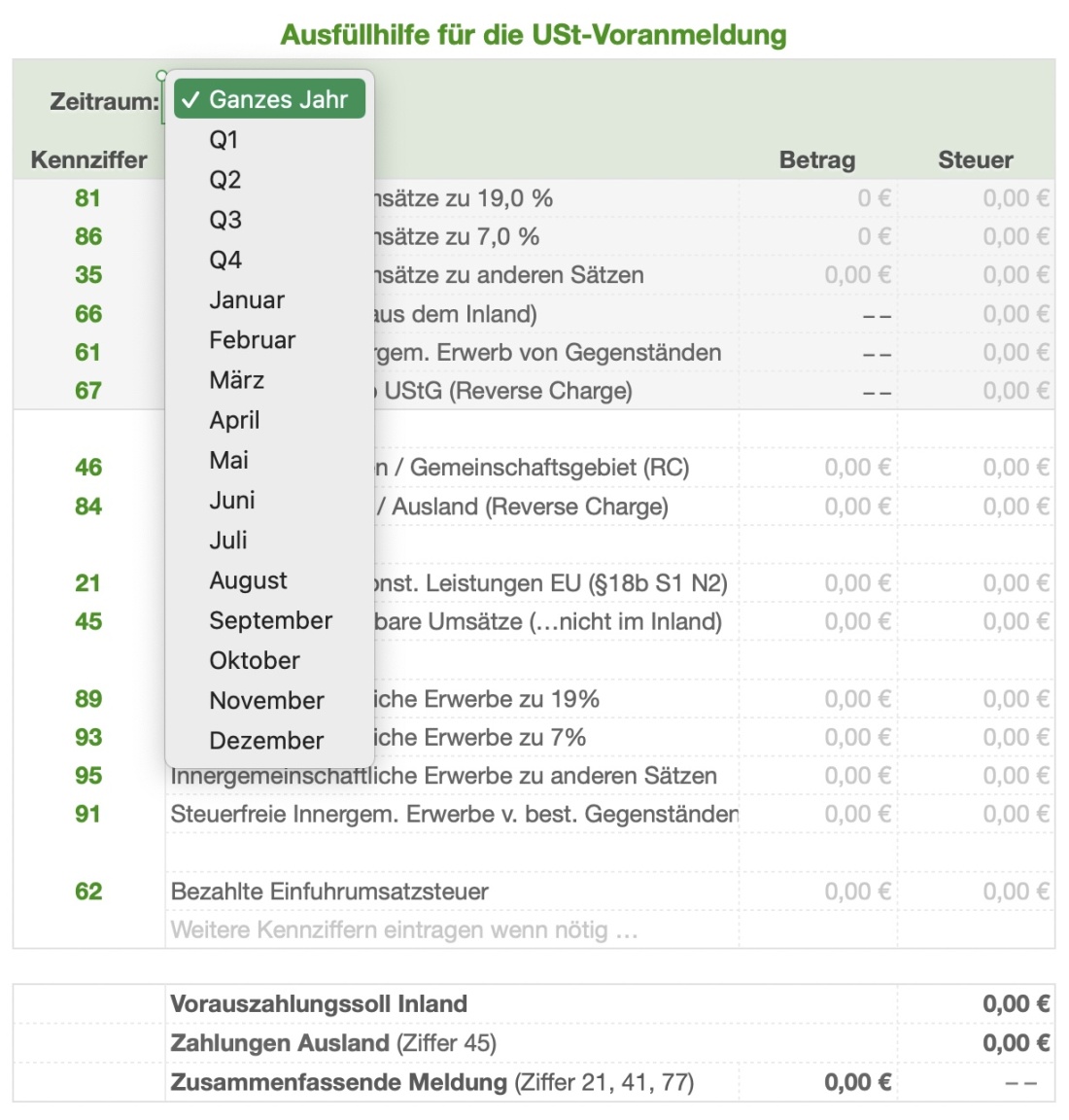 Vorlage Einnahmen-Überschuss-Rechnung 2023 für Mac und iPad Ausfüllhilfe Umsatzsteuer dropdown