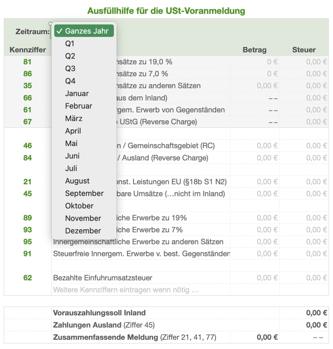Vorlage Einnahmen-Überschuss-Rechnung 2026 für Mac und iPad Ausfüllhilfe Umsatzsteuer dropdown