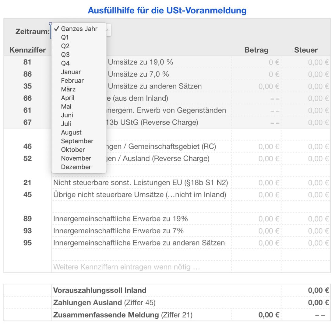 Vorlage Einnahmen-Überschuss-Rechnung 2020 für Mac und iPad Ausfüllhilfe Umsatzsteuer dropdown