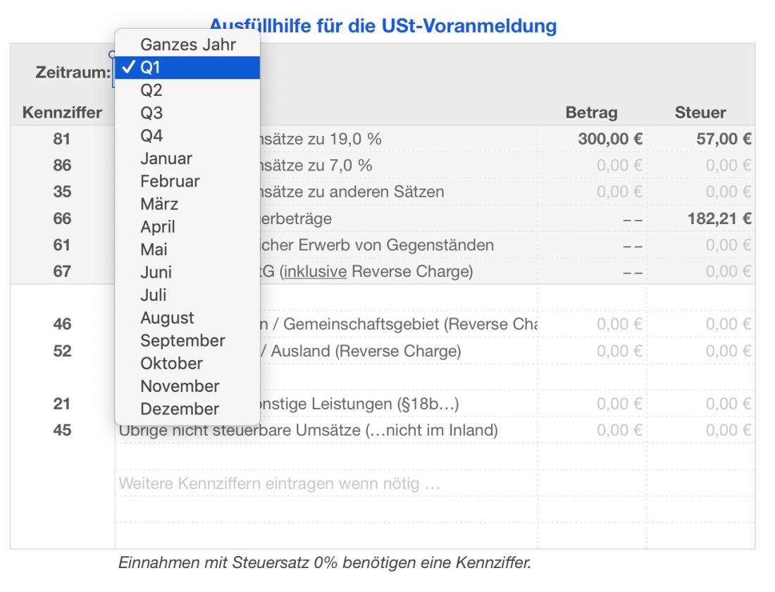 Vorlage Einnahmen-Überschuss-Rechnung 2019 für Mac und iPad Ausfüllhilfe Umsatzsteuer dropdown