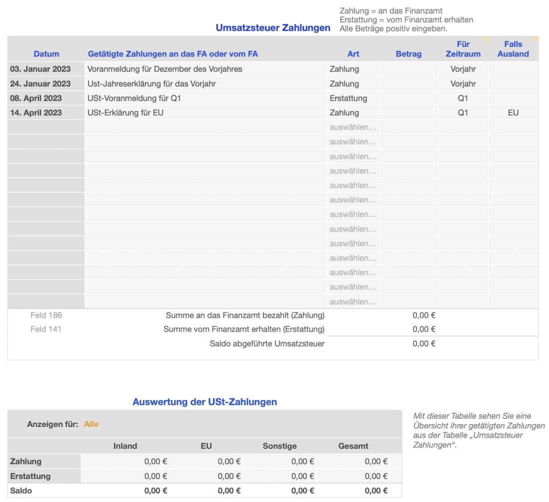 Vorlage Einnahmen-Überschuss-Rechnung 2023 für Mac und iPad USt-Zahlungen