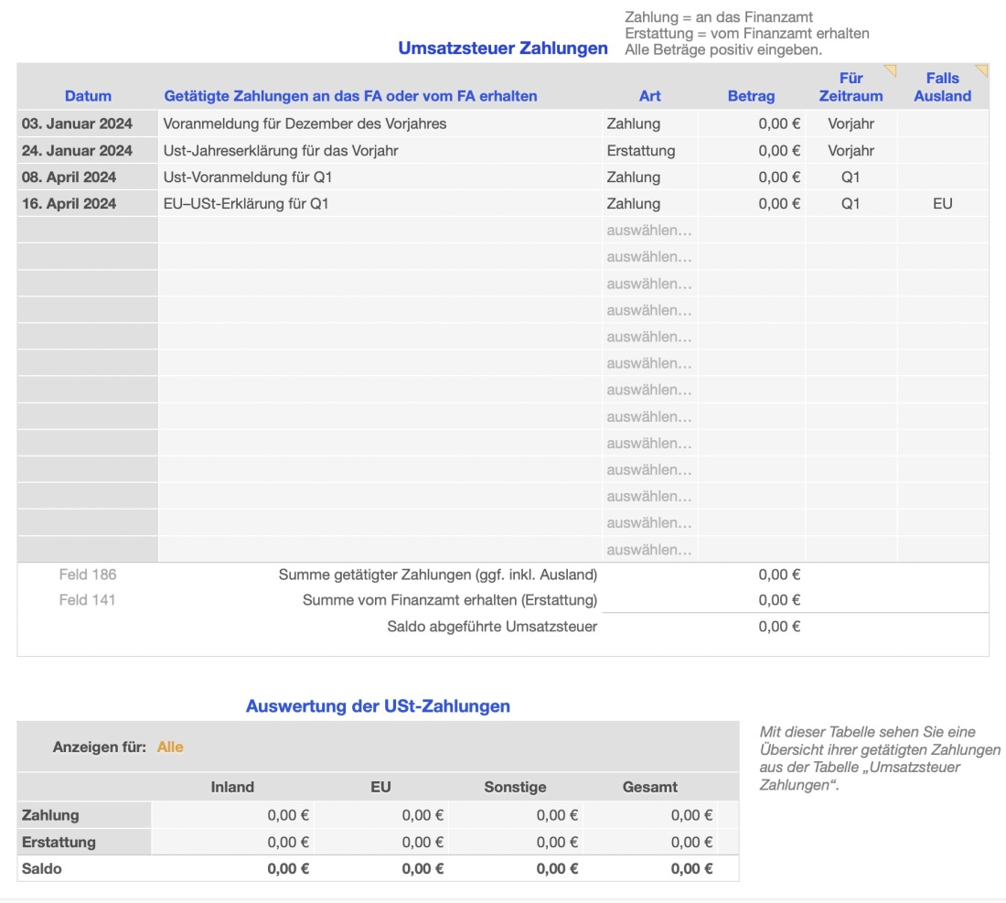 Vorlage Einnahmen-Überschuss-Rechnung 2024 für Mac und iPad USt-Zahlungen