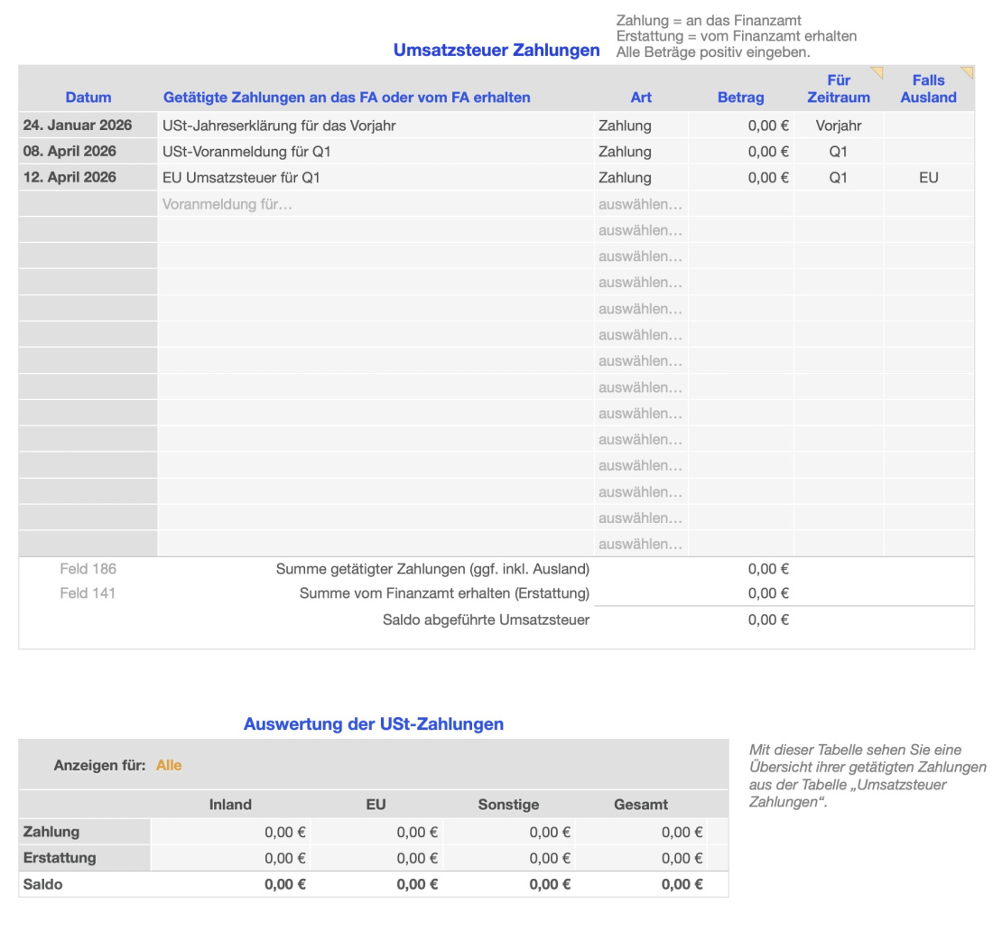 Einnahmen-Überschuss-Rechnung 2026 mit USt Zahlungen