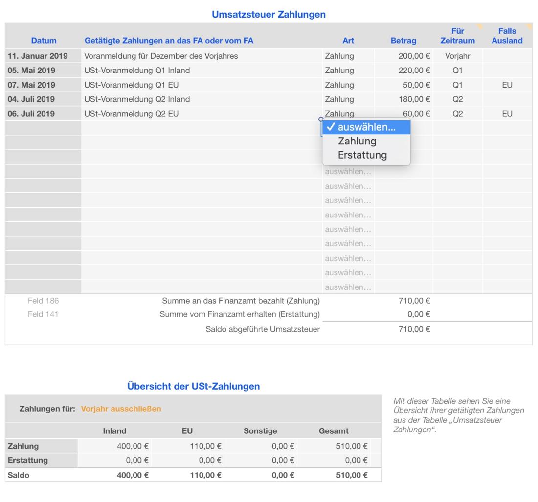 Vorlage Einnahmen-Überschuss-Rechnung 2019 für Mac und iPad USt-Zahlungen