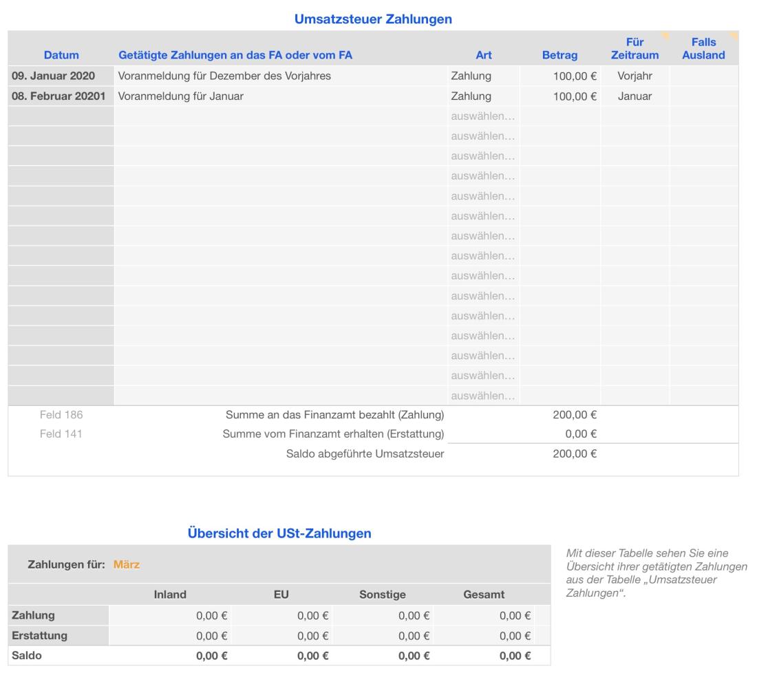 Vorlage Einnahmen-Überschuss-Rechnung 2020 für Mac und iPad USt-Zahlungen