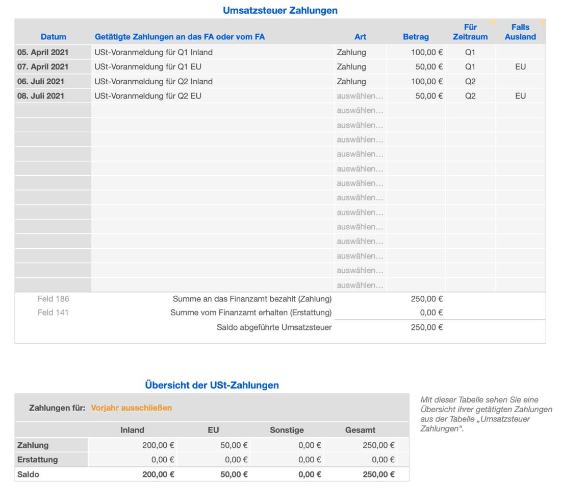 Einnahmen-Überschuss-Rechnung 2021 mit USt Zahlungen