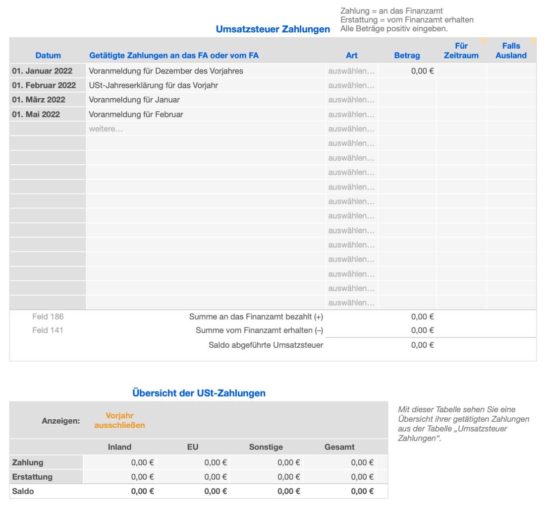 Vorlage Einnahmen-Überschuss-Rechnung 2022 für Mac und iPad USt-Zahlungen
