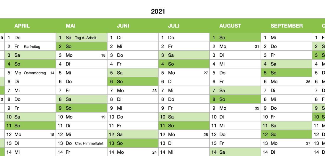 Numbers Vorlage Kalender 2020 Detail