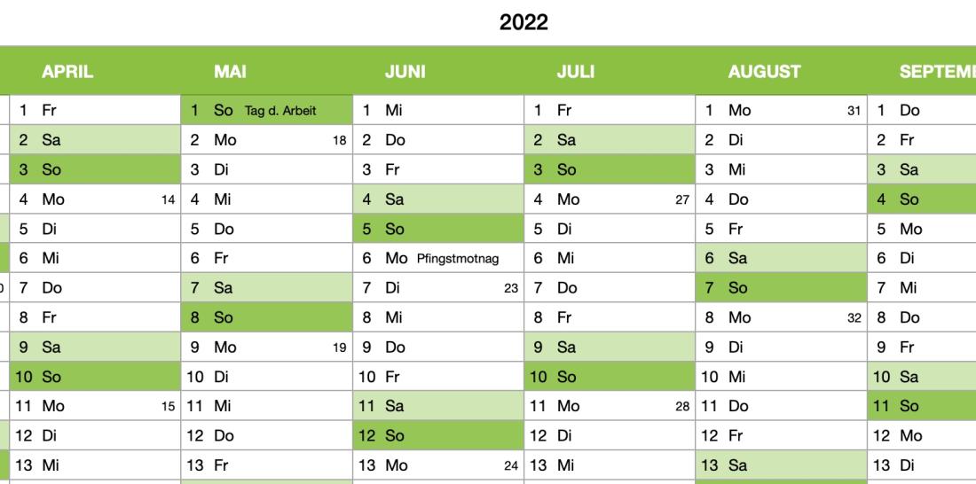 Numbers Vorlage Kalender 2022 Detail