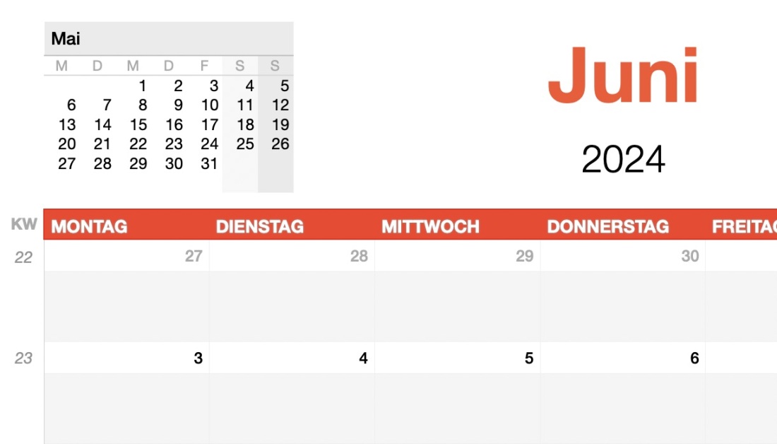 Numbers Vorlage Kalender Monatsansicht 2024 Detail