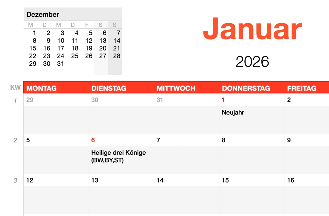 Numbers Vorlage Kalender Monatsansicht 2026 Detail