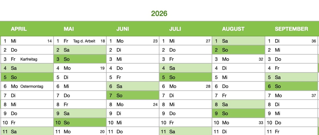 Numbers Vorlage Kalender 2026 Detail