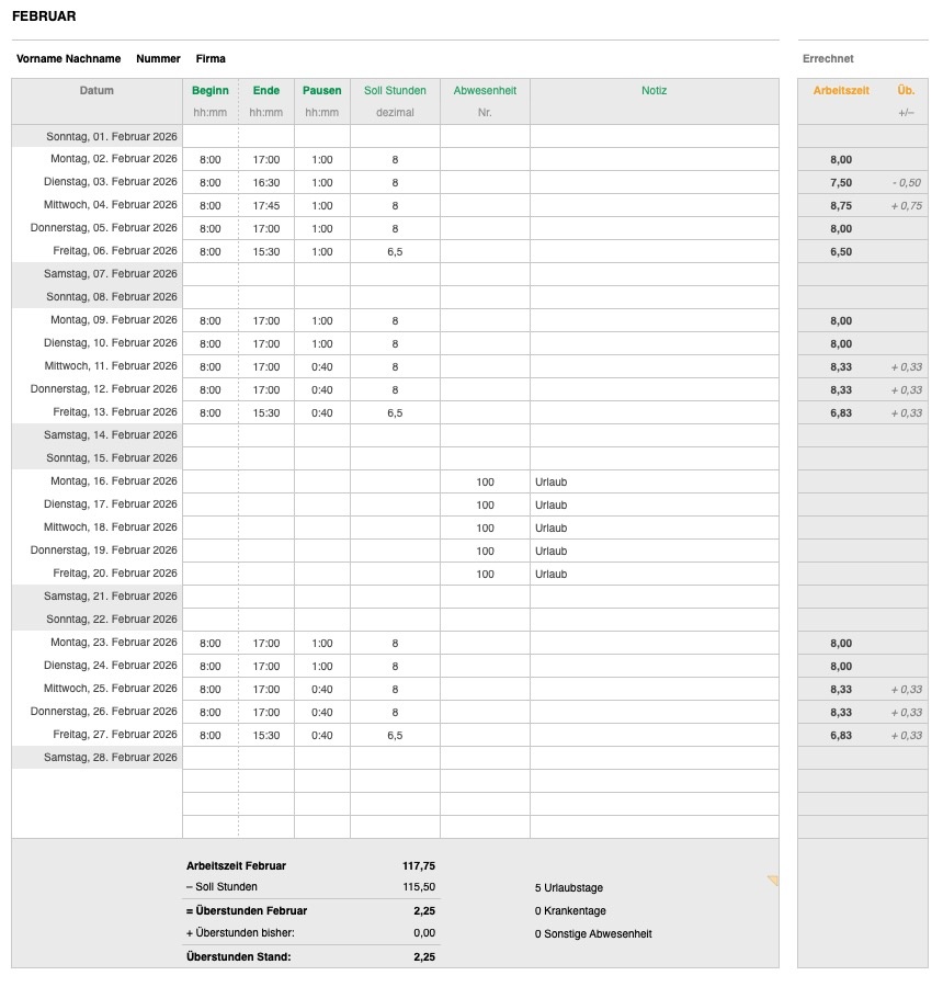 Numbers Vorlage Zeiterfassung Arbeitszeiterfassung Tabelle 2026