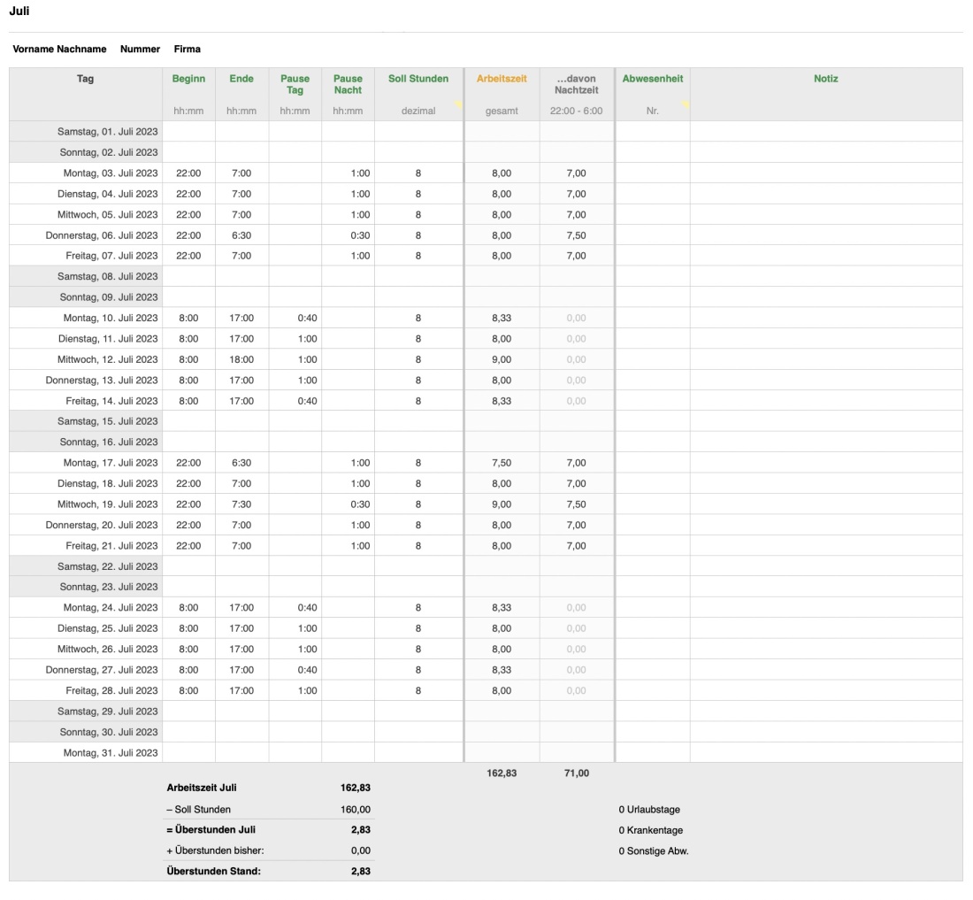 Numbers Vorlage Arbeitszeiterfassung mit Nachtschicht 2023 Tabellenansicht