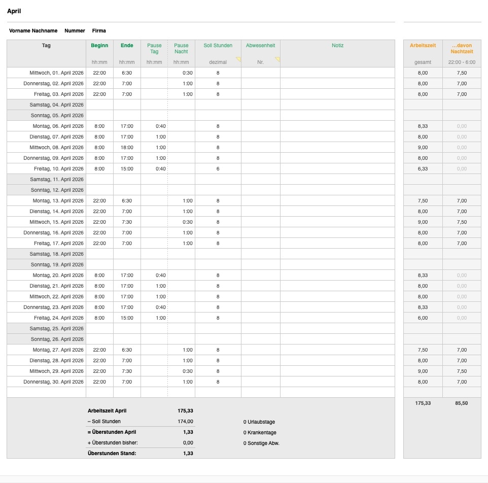 Numbers Vorlage Arbeitszeiterfassung mit Nachtschicht 2026 Tabellenansicht