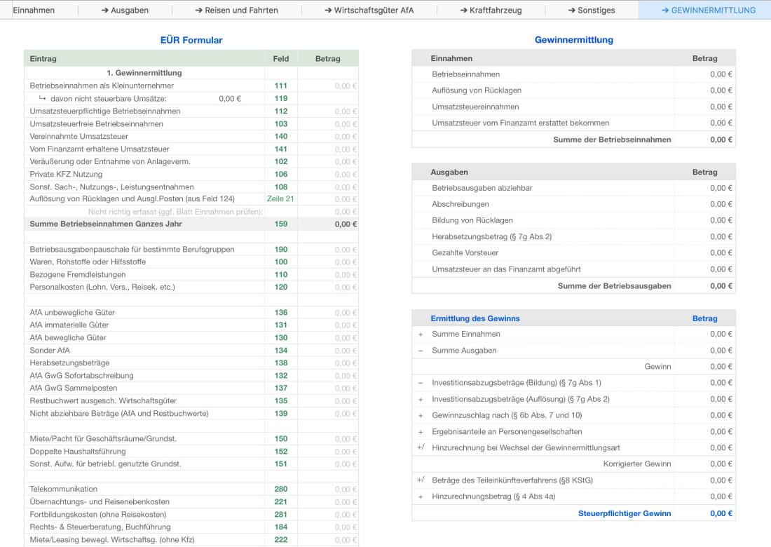 Numbers Vorlage Einnahmen-Überschuss-Rechnung 2019 ohne USt Gewinnermittlung