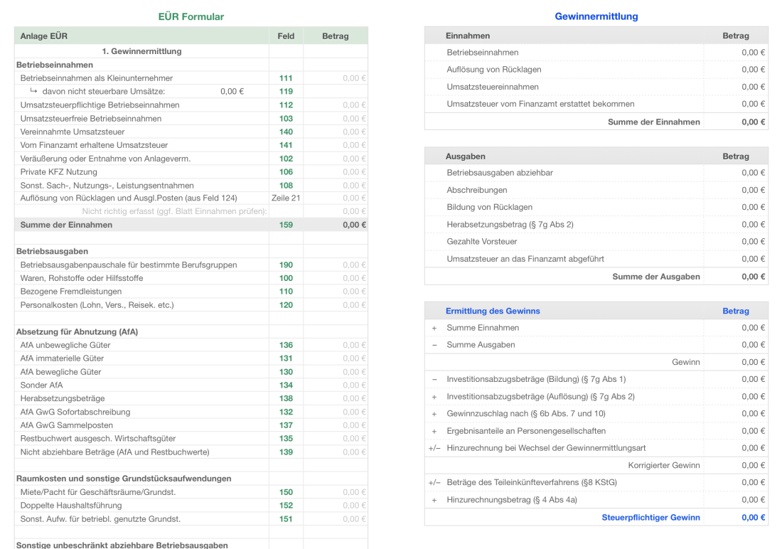 Numbers Vorlage EÜR 2019 Formular Anlage-EÜR