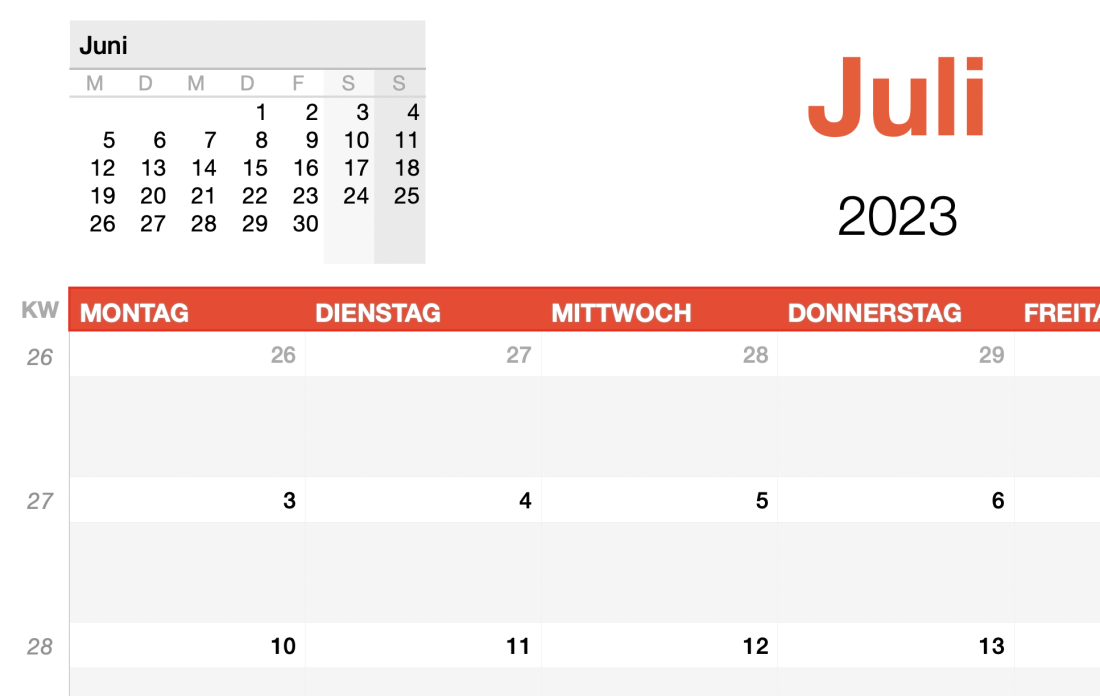 Numbers Vorlage Kalender Monatsansicht 2023 Detail