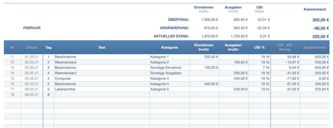 Numbers Vorlage Kassenbuch mit USt Tabelle 2021