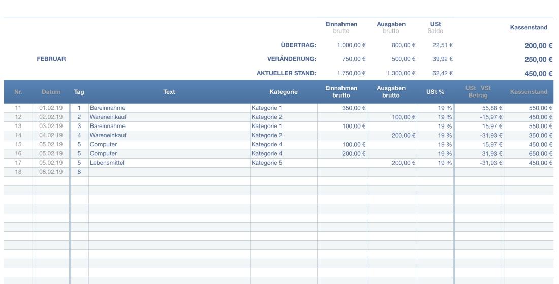 Numbers Vorlage Kassenbuch mit USt Tabelle 2019