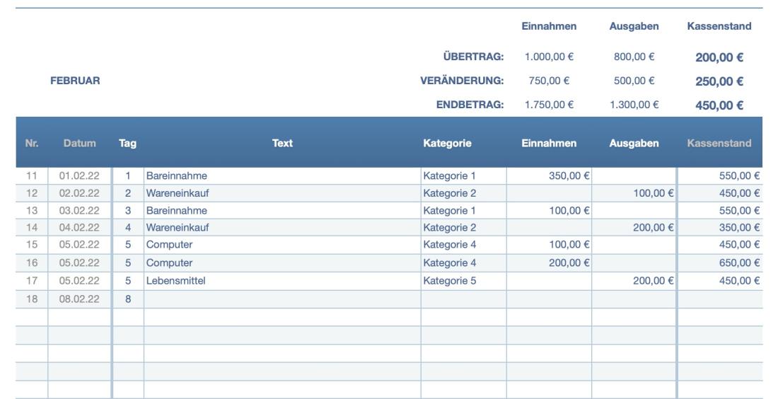 Numbers Vorlage Kassenbuch Eingabe