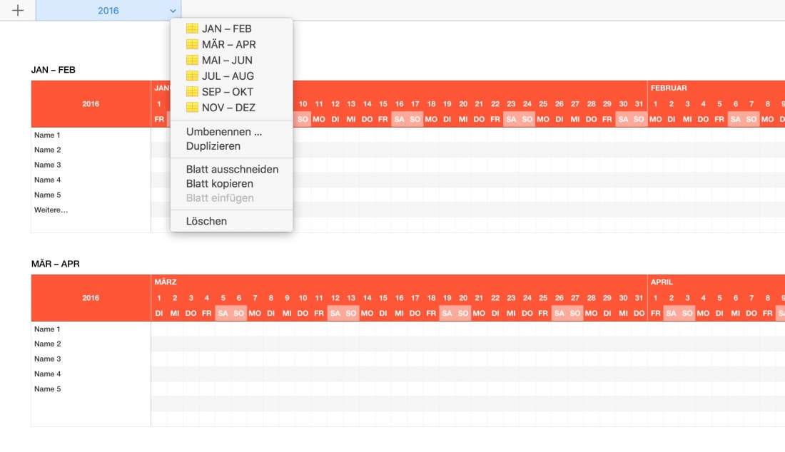 Numbers Vorlage Urlaubsplaner 2016 dropdown Monate