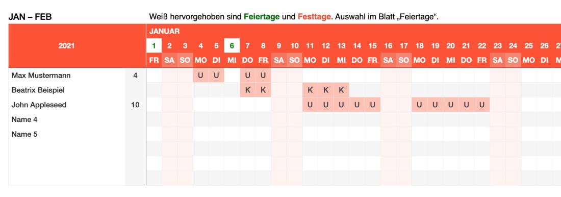 Numbers Vorlage Urlaubsplaner 2021 eintragen