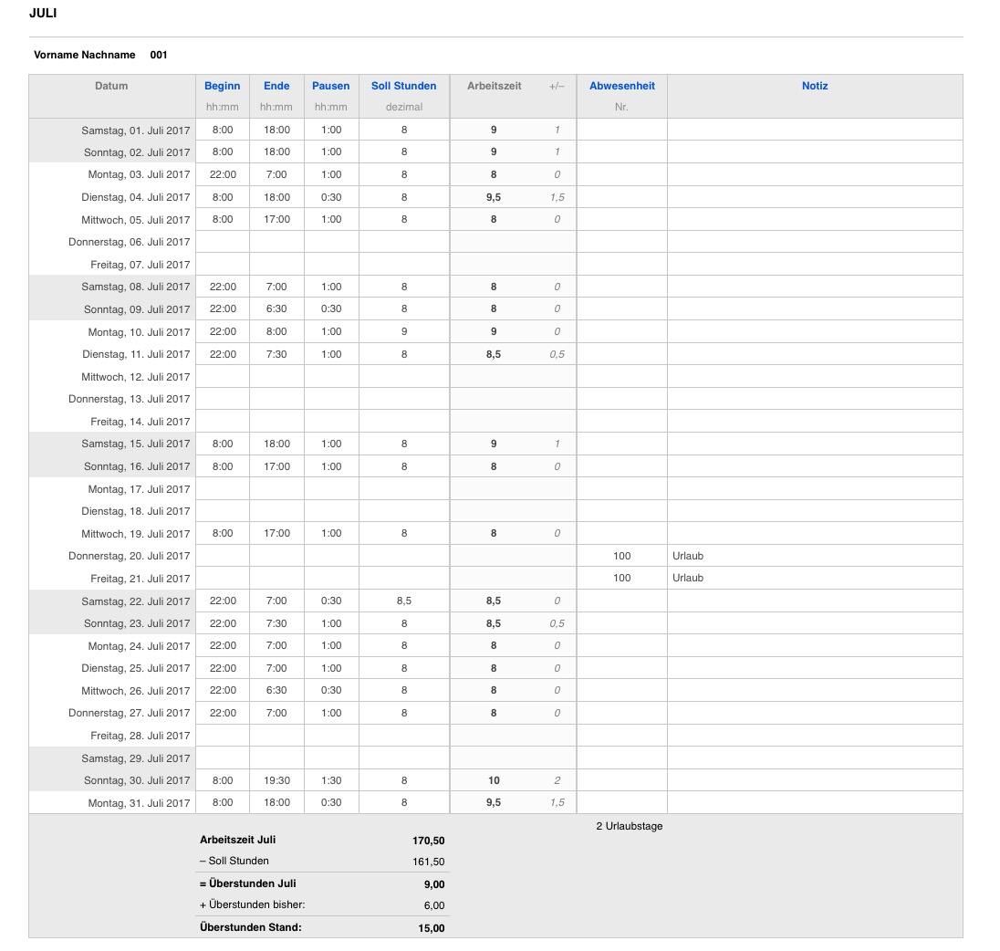 Numbers Vorlage Zeiterfassung Arbeitszeiterfassung Tabelle 2017