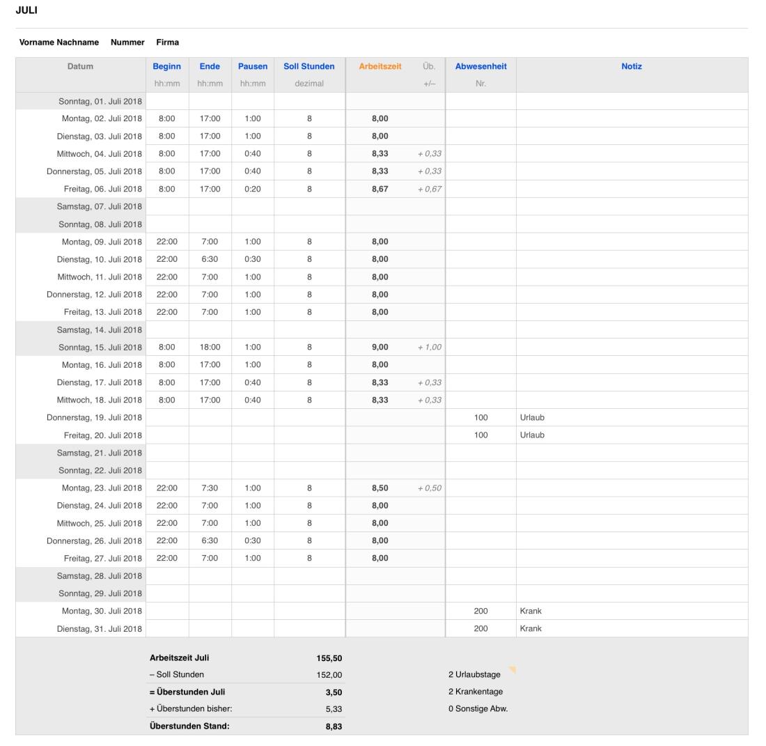 Numbers Vorlage Zeiterfassung Arbeitszeiterfassung Tabelle 2018