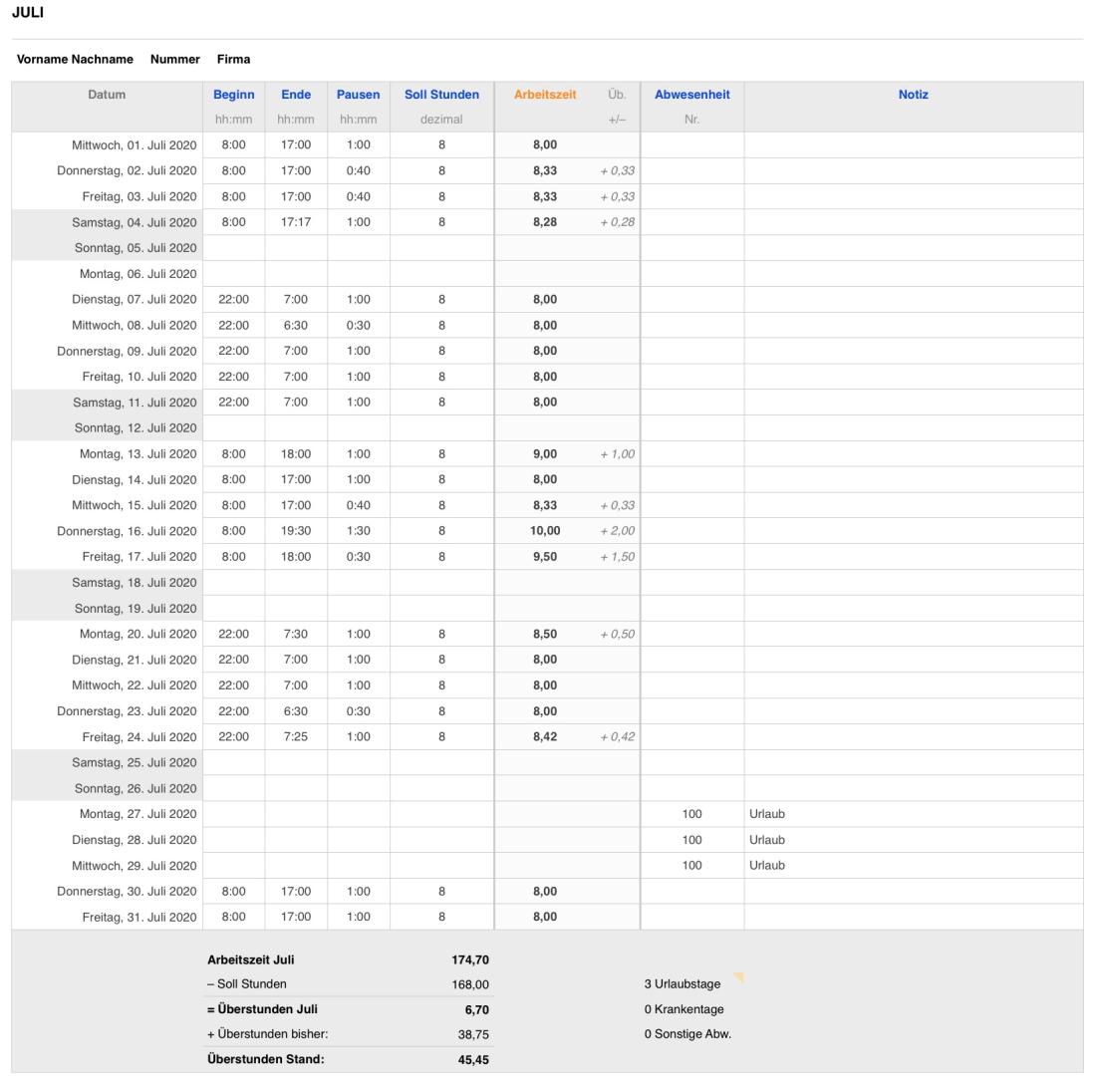 Numbers Vorlage Zeiterfassung Arbeitszeiterfassung Tabelle 2020