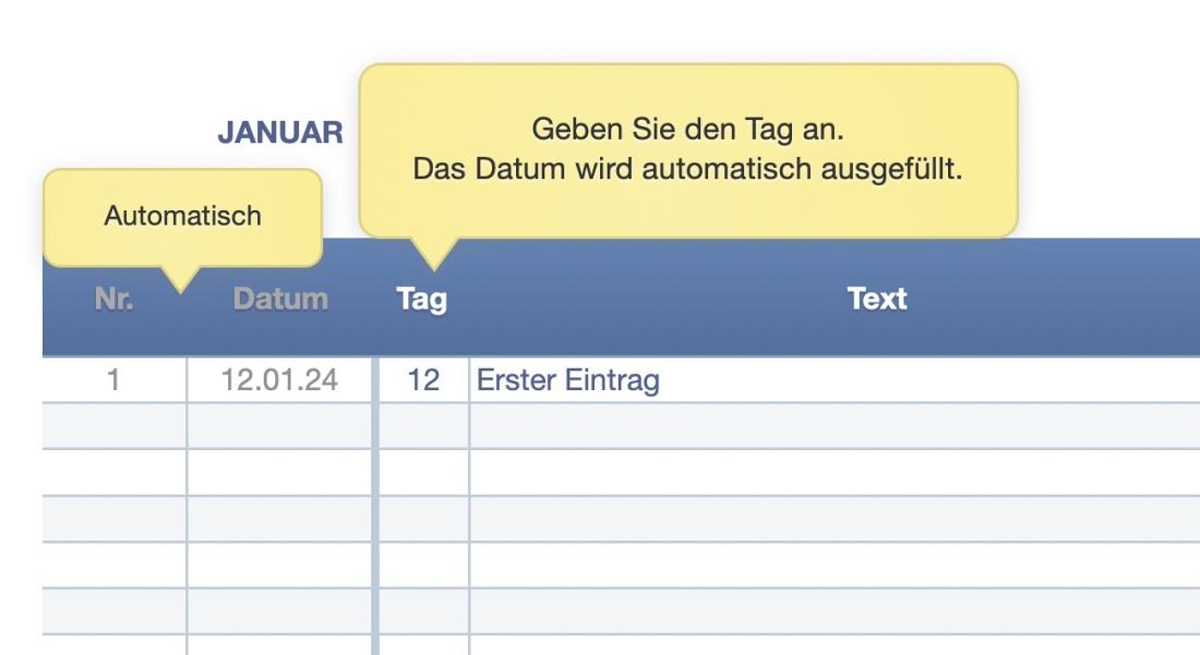 Numbers Vorlage Kassenbuch ohne USt 2024 Datum